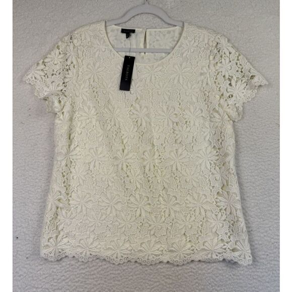 NEW Talbots Shirt Womens 14 Ivory Floral Lace Short Sleeve Scalloped Hem Casual - Picture 1 of 8